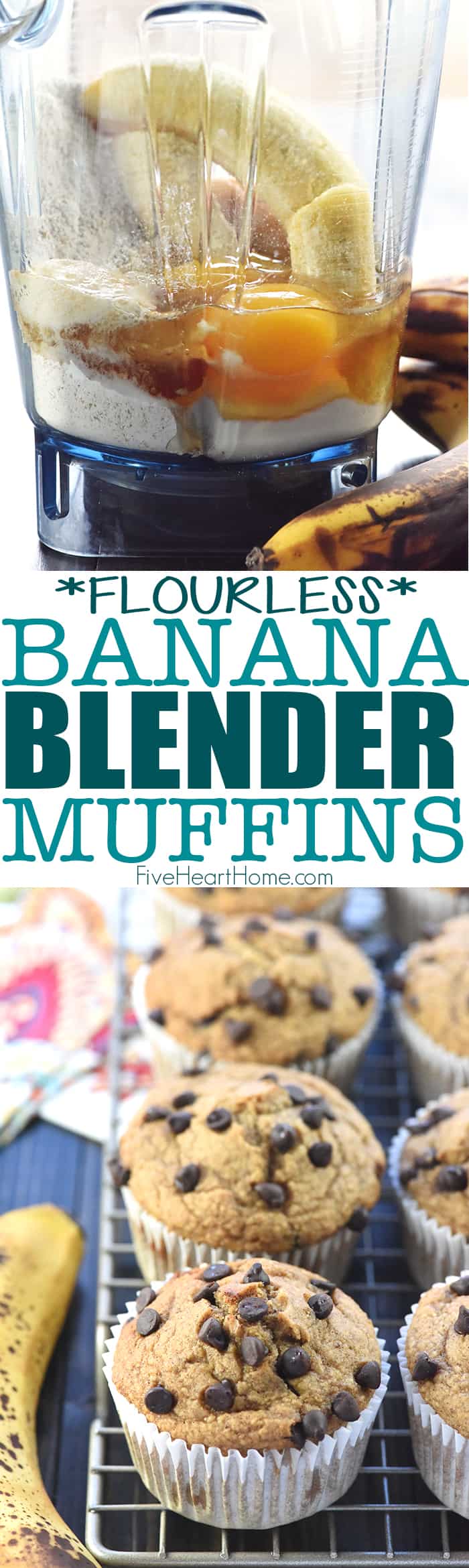 Flourless Banana Blender Muffins ~ these healthy, naturally sweetened muffins include oats, Greek yogurt, and honey in a batter that effortlessly comes together in the blender! | FiveHeartHome.com via @fivehearthome