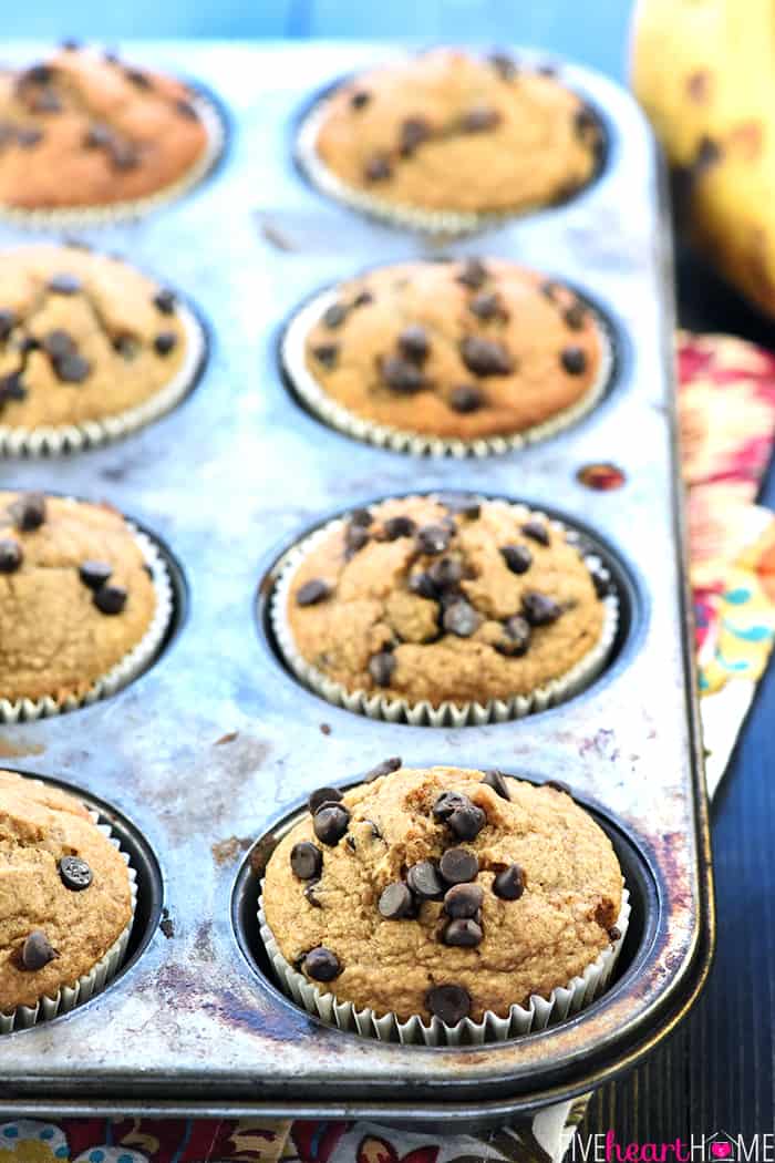 Blender Banana Muffins with chocolate chips in muffin pan