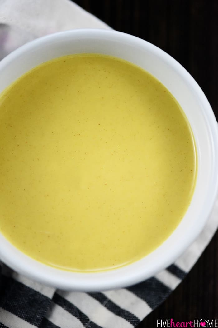 Healthy Homemade Honey Mustard ~ this lightened-up dipping sauce recipe comes together in a few minutes with only five ingredients, including healthy Greek yogurt and no mayo! | FiveHeartHome.com Honey Mustard Recipe No Mayo close up aerial view