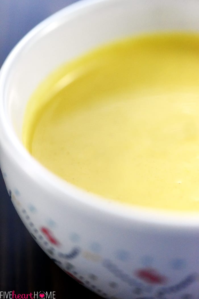 Healthy Homemade Honey Mustard ~ this lightened-up dipping sauce recipe comes together in a few minutes with only five ingredients, including healthy Greek yogurt and no mayo! | FiveHeartHome.com Close-up of Completed Honey Mustard Recipe