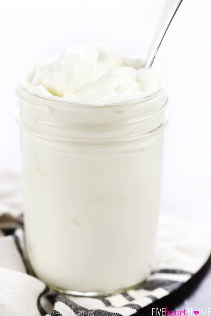 Healthy Homemade Honey Mustard ~ this lightened-up dipping sauce recipe comes together in a few minutes with only five ingredients, including healthy Greek yogurt and no mayo! | FiveHeartHome.com Mason Jar with Greek Yogurt
