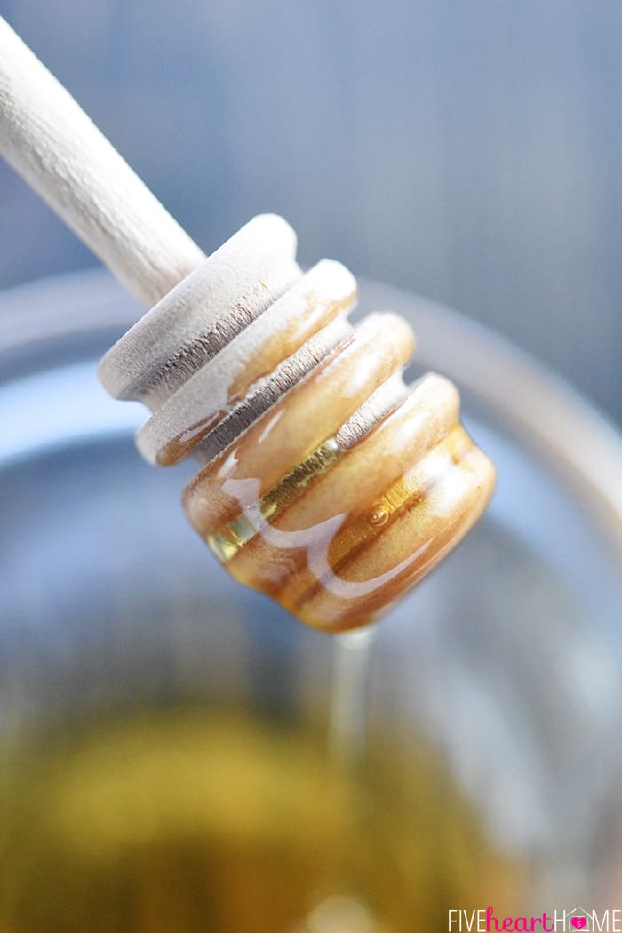 Healthy Homemade Honey Mustard ~ this lightened-up dipping sauce recipe comes together in a few minutes with only five ingredients, including healthy Greek yogurt and no mayo! | FiveHeartHome.com Key Ingredient of Honey for Healthy Honey Mustard Sauce