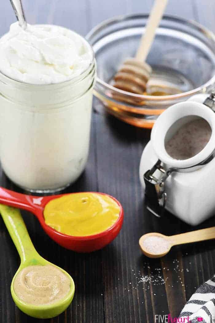 Healthy Homemade Honey Mustard ~ this lightened-up dipping sauce recipe comes together in a few minutes with only five ingredients, including healthy Greek yogurt and no mayo! | FiveHeartHome.com Various Ingredients for the Honey Mustard Sauce Recipe