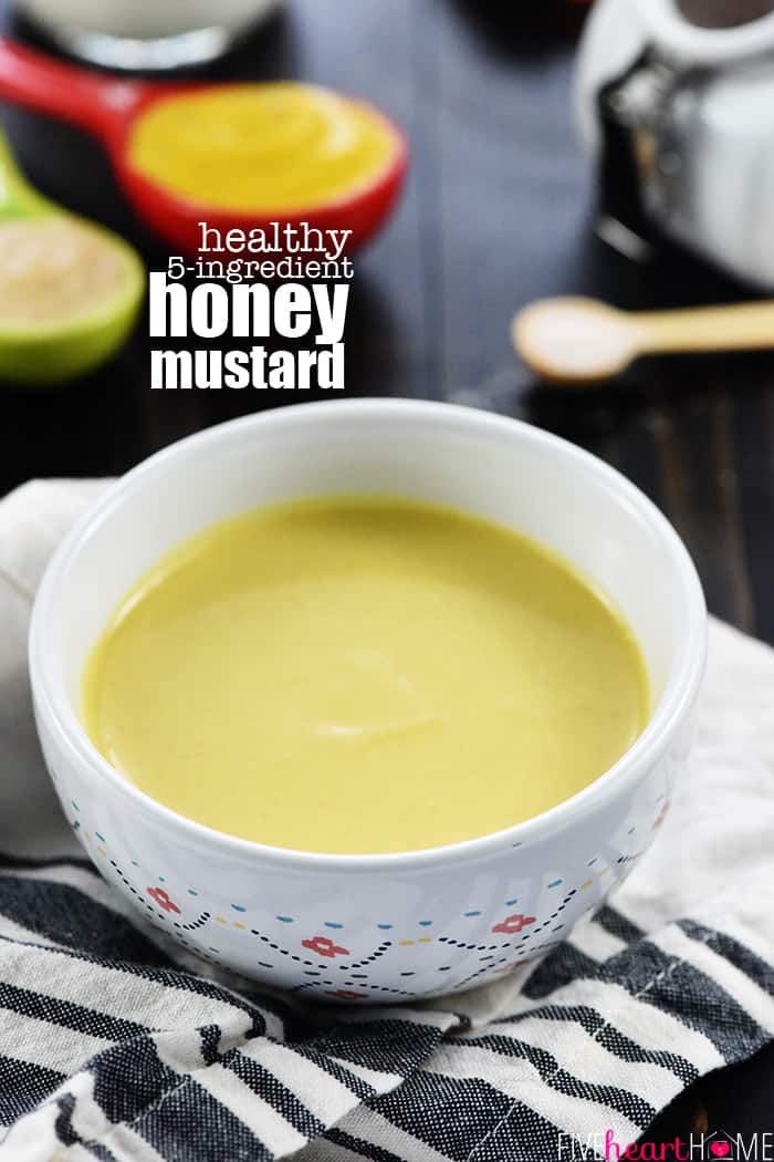 Healthy Homemade Honey Mustard ~ this lightened-up dipping sauce recipe comes together in a few minutes with only five ingredients, including healthy Greek yogurt and no mayo! | FiveHeartHome.com Small White Decorative Bowl Filled with Healthy Homemade Honey Mustard Recipe