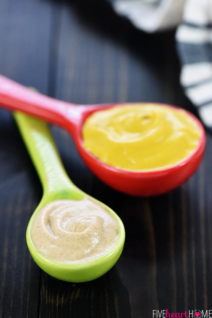 Healthy Homemade Honey Mustard ~ this lightened-up dipping sauce recipe comes together in a few minutes with only five ingredients, including healthy Greek yogurt and no mayo! | FiveHeartHome.com Two varieties of mustard in measuring spoons
