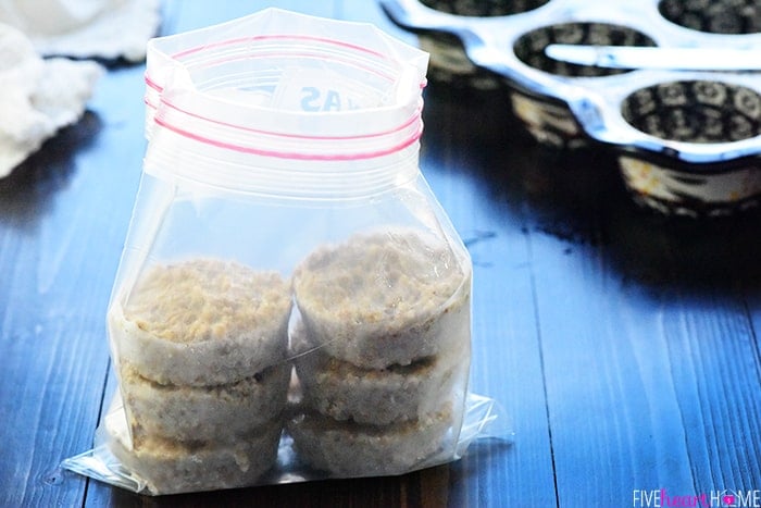 Zip-top storage bag of oatmeal pucks ready for freezer.