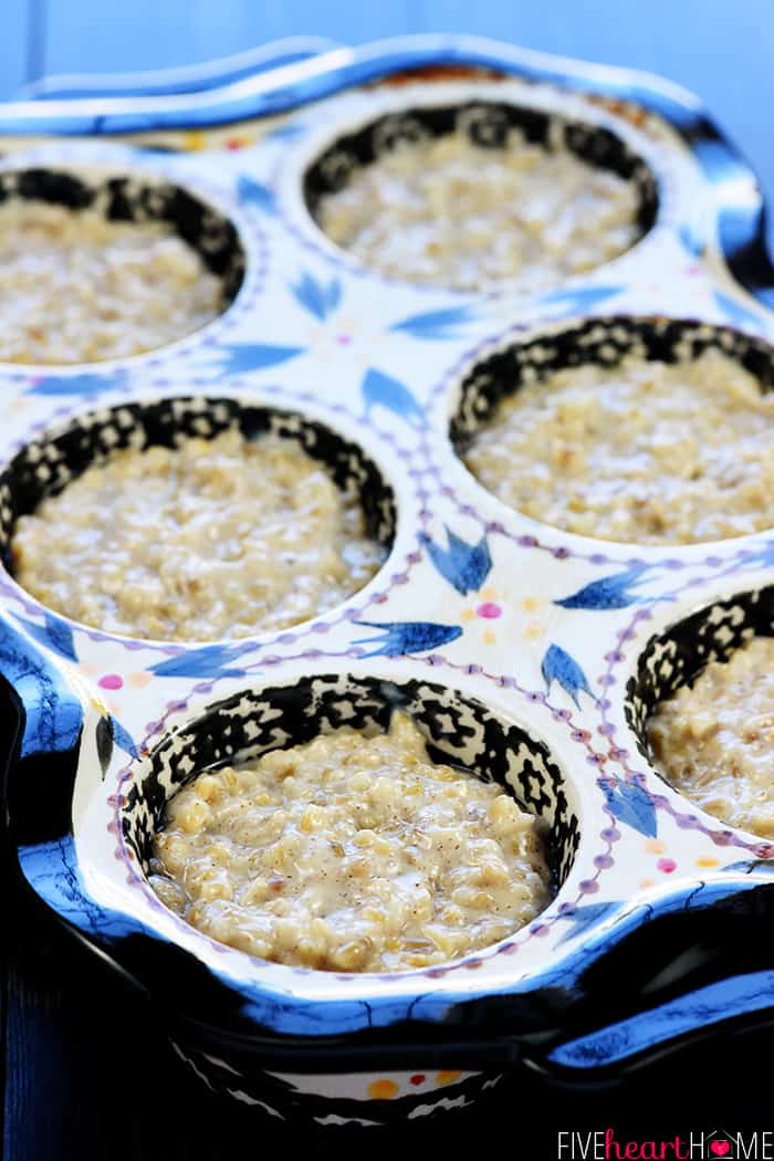 Steel cut oats spooned into muffin pan for freezing.