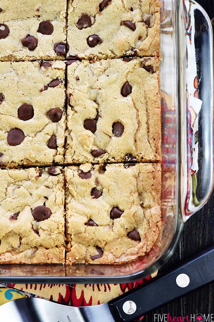 Aerial view of Blondie Recipe in baking dish.