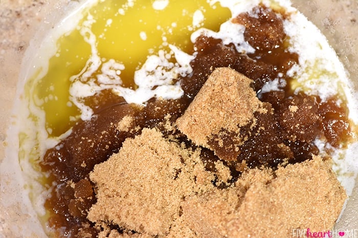 Melted butter and brown sugar in bowl.