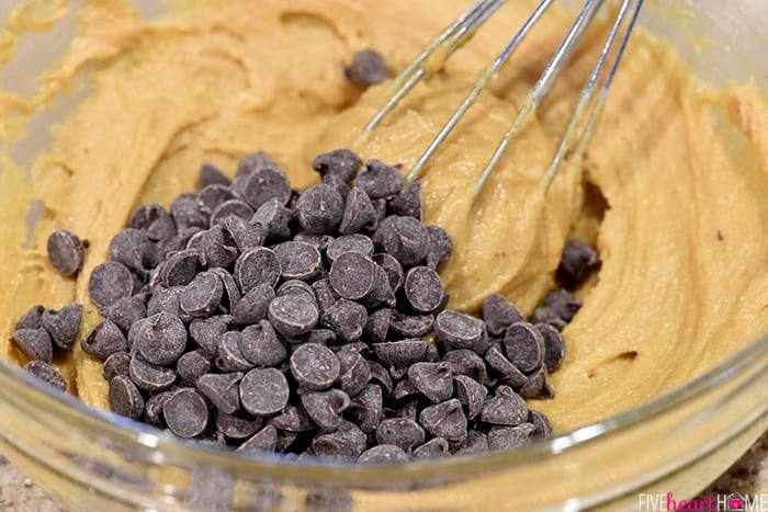 Folding chocolate chips into batter.