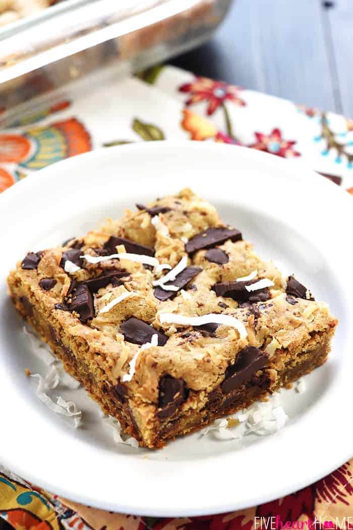 Blondie on white plate with coconut and chocolate.