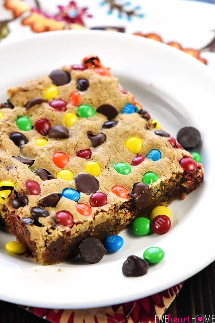 Studded with M&Ms on white plate.