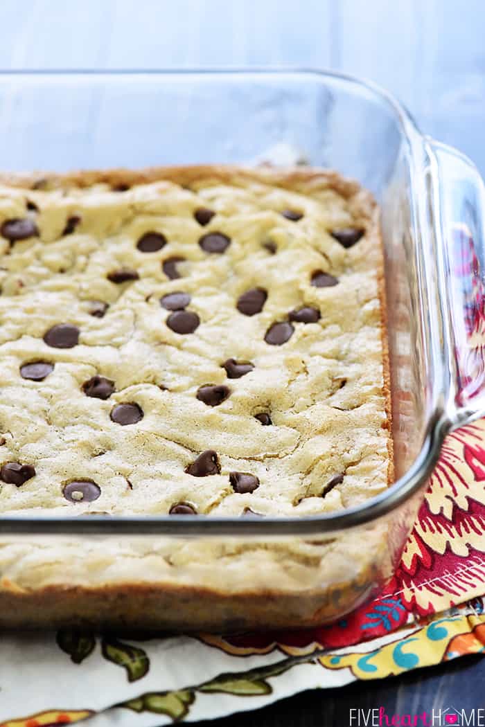 Close-up of Blondie Recipe in glass dish.