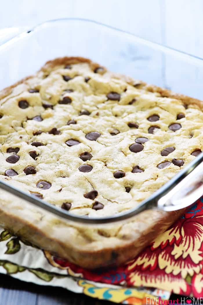 Blondie Recipe baked in glass dish.