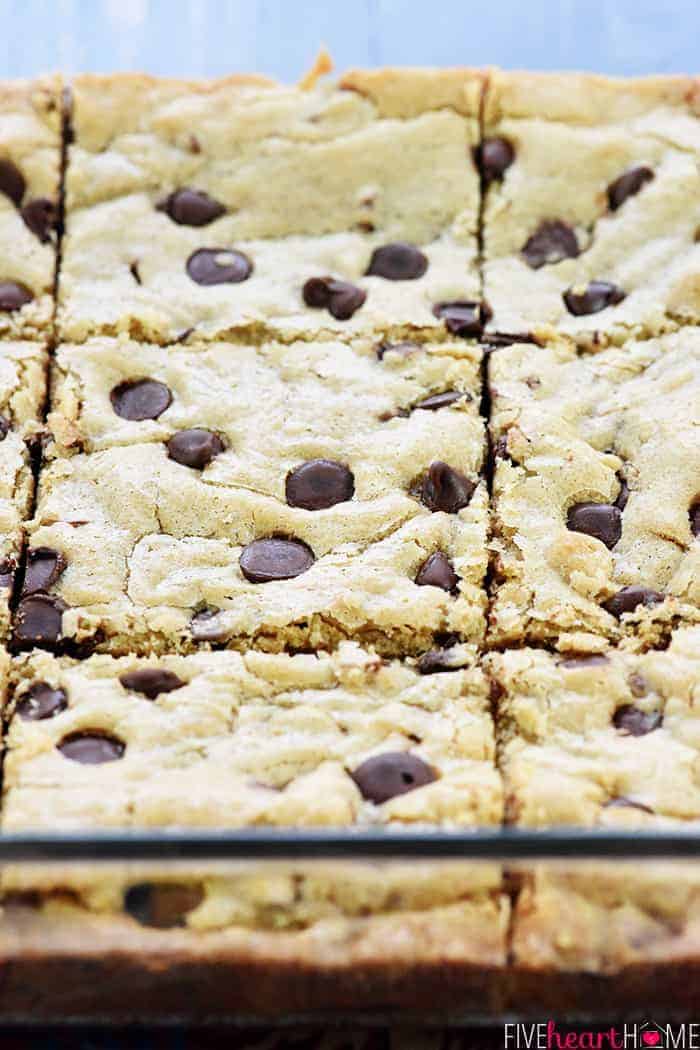 Close-Up of blondie recipe cut into bars.