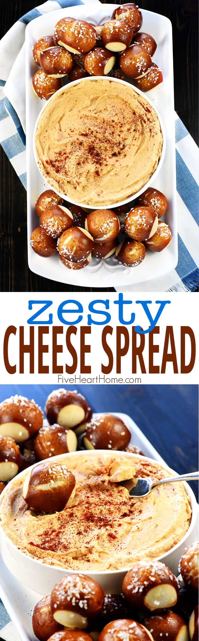 Zesty Cheese Spread ~ quick to make, delicious on pretzels, crackers, or raw veggies, and a perfect recipe for Super Bowl Sunday! | FiveHeartHome.com via @fivehearthome