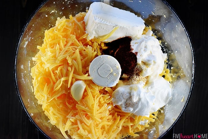 Aerial shot of ingredients in food processor.