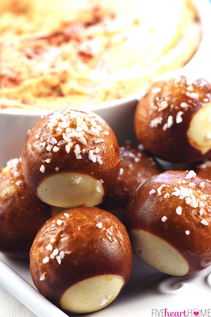 Close-up of soft pretzel bites.