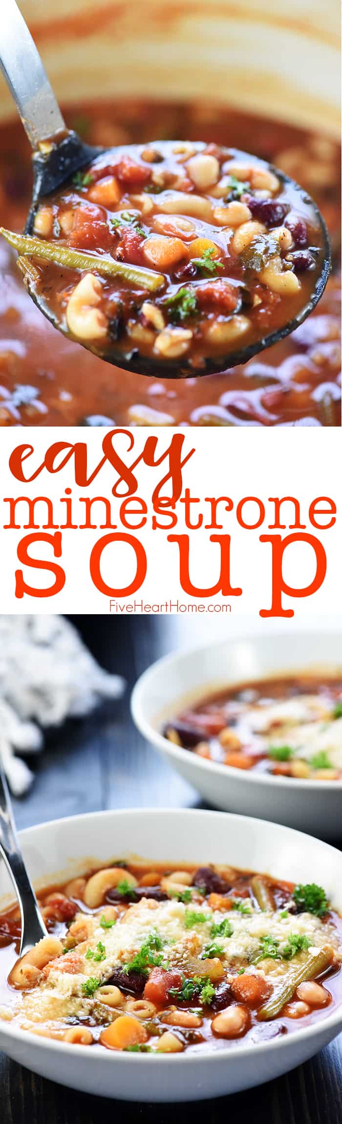 Minestrone Soup ~ a quick, easy, healthy minestrone soup recipe that's delicious, loaded with flavor, and simple to customize using your favorite vegetables…and it’s even better than Olive Garden minestrone soup! | FiveHeartHome.com via @fivehearthome