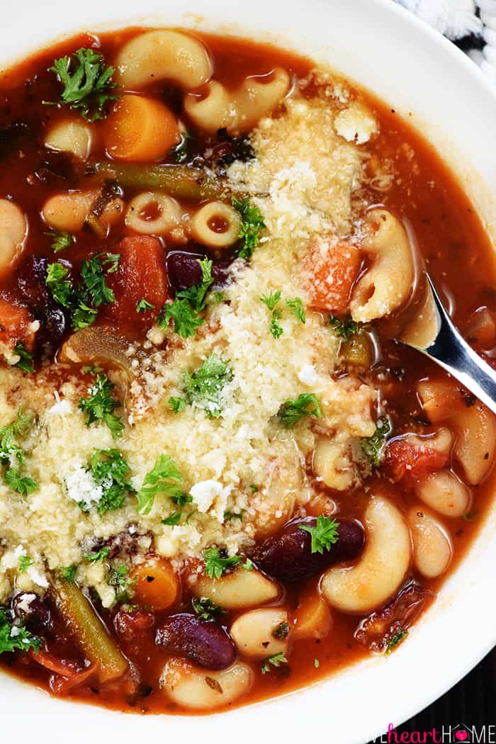 Aerial close-up of Easy Minestrone Soup.