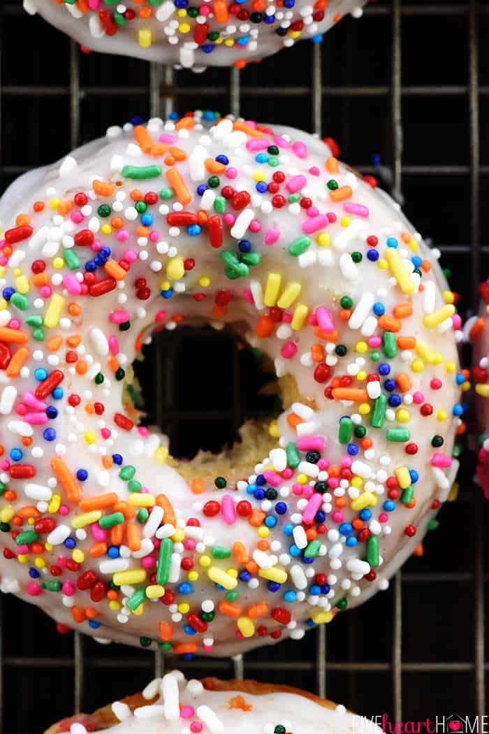 Aerial close-up of Funfetti Donut on cooling rack.