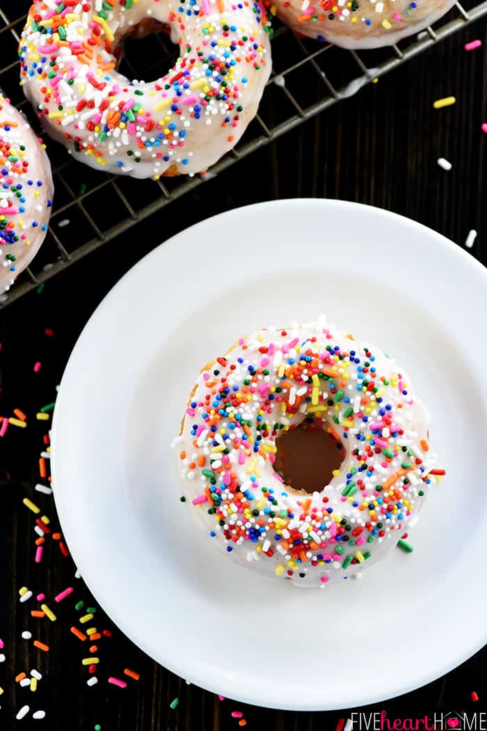 Aerial view of Funfetti Donuts and sprinkles.