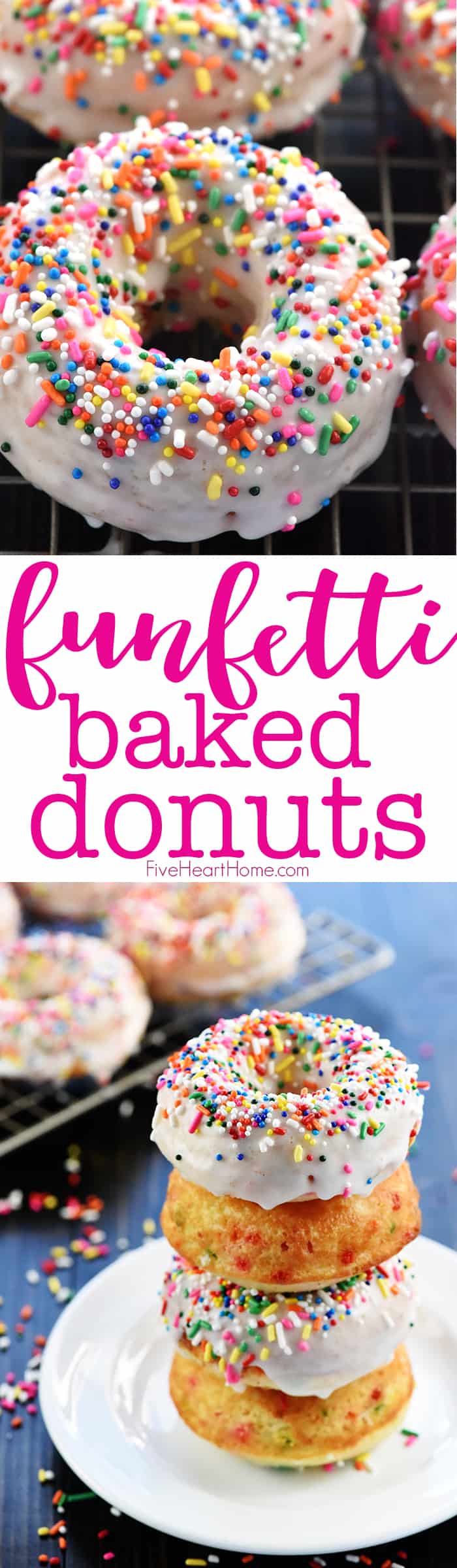 Baked Funfetti Donuts ~ coated with a simple vanilla glaze and loaded with colorful sprinkles, these baked doughnuts are perfect as a birthday treat or for any celebration! | FiveHeartHome.com via @fivehearthome