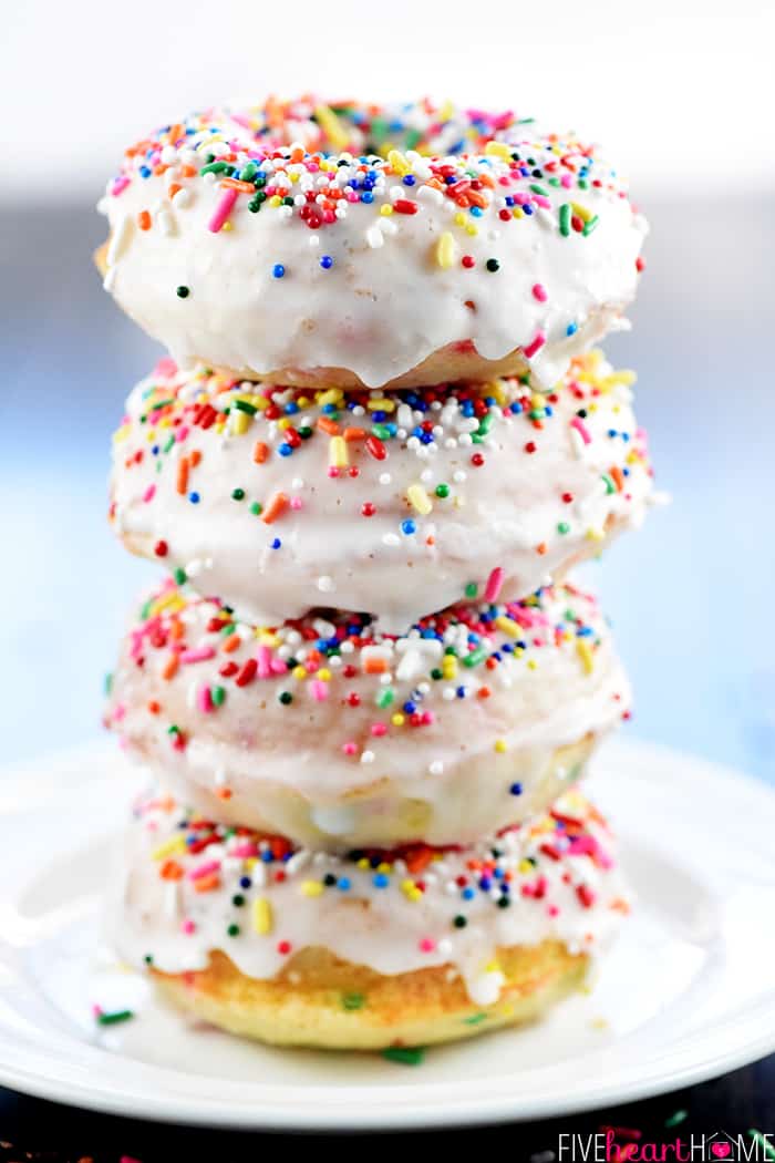 Stack of Funfetti Donuts on plate.