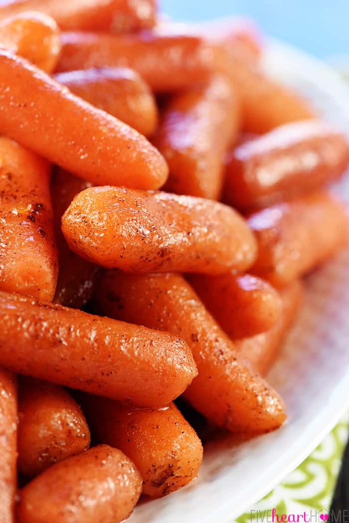 Close-up of Instant Pot Carrots with Honey Cinnamon Glaze on serving platter.