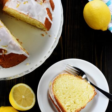 Aerial view of easy Lemon Pound Cake on platter and plate.