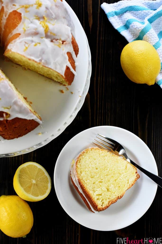 Aerial view of easy Lemon Pound Cake on platter and plate.