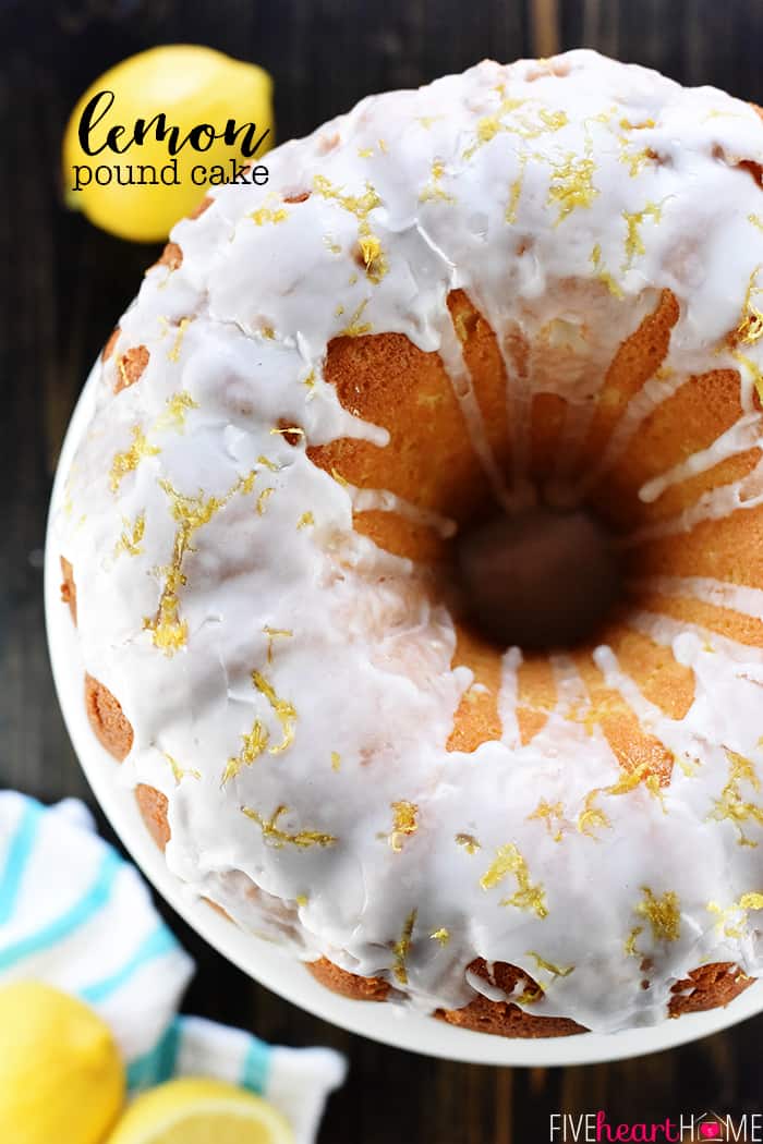 Lemon Pound Cake Recipe ~ an easy, scrumptious cake that's soft and moist with a golden exterior and a tangy lemon glaze...the perfect dessert recipe for spring or summer, from Easter to Mother's Day to Memorial Day and more! | FiveHeartHome.com