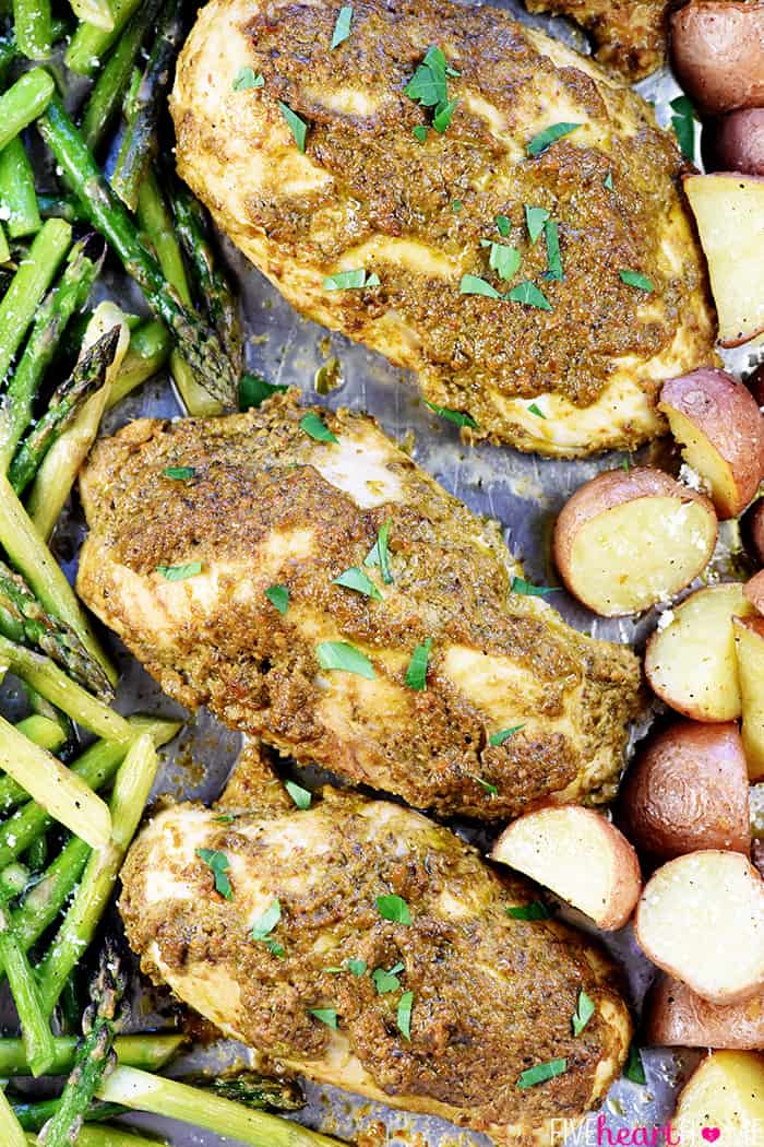 Aerial close-up of Sheet Pan Chicken and Veggies.