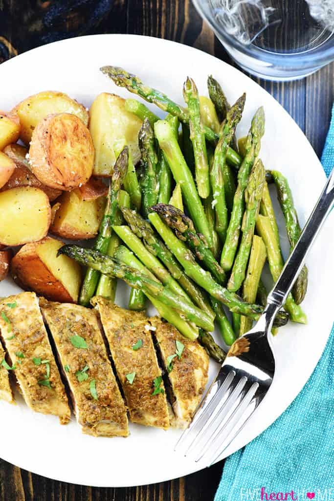 Chicken Sheet Pan Dinner on white plate.