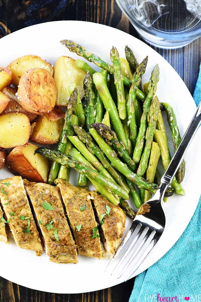 Chicken Sheet Pan Dinner on white plate.