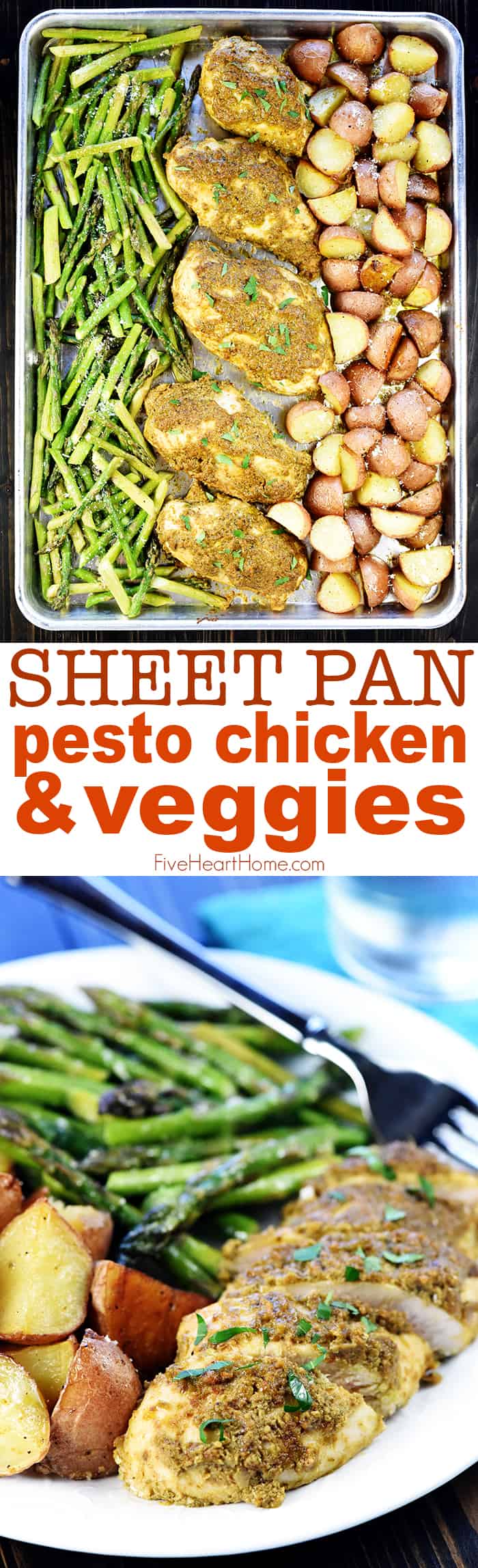 Sheet Pan Chicken and Veggies ~ a flavorful, quick and easy, complete dinner recipe that bakes up on just one pan, featuring pesto-coated chicken breasts and roasted potatoes and asparagus! | FiveHeartHome.com via @fivehearthome