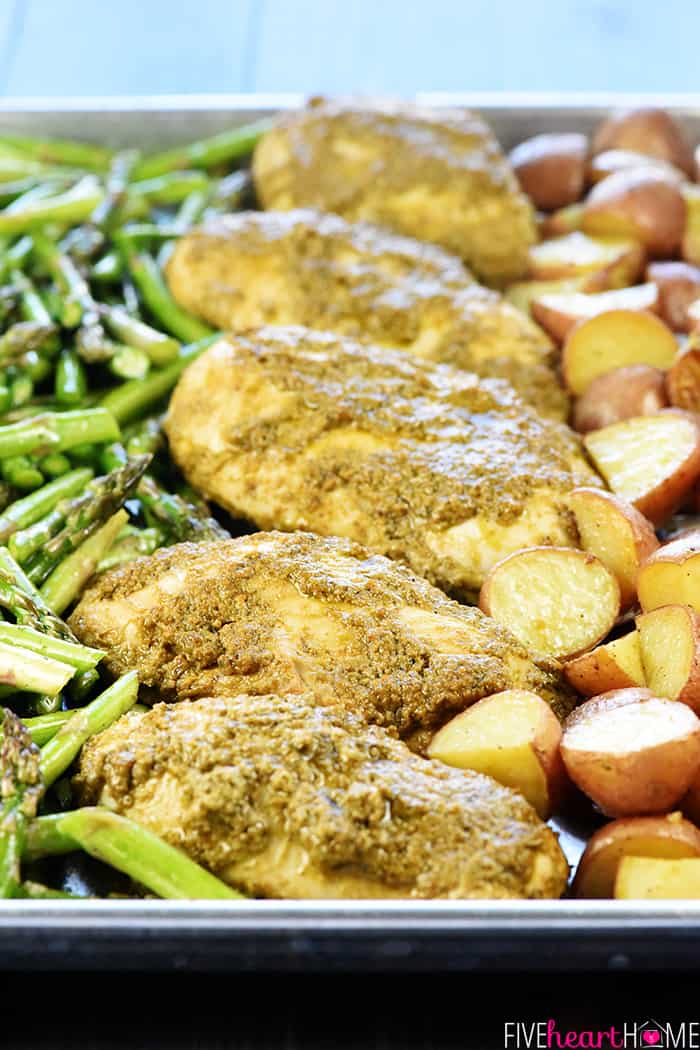 Close-up of Sheet Pan Chicken and Veggies on pan after baking.