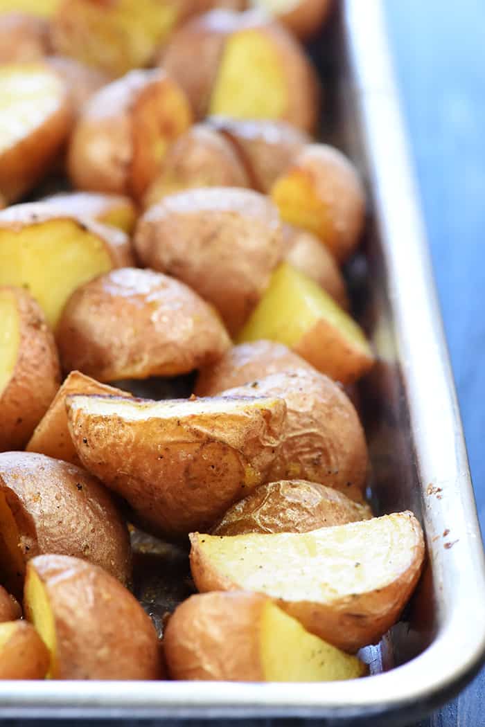 Close-up of roasted potatoes.