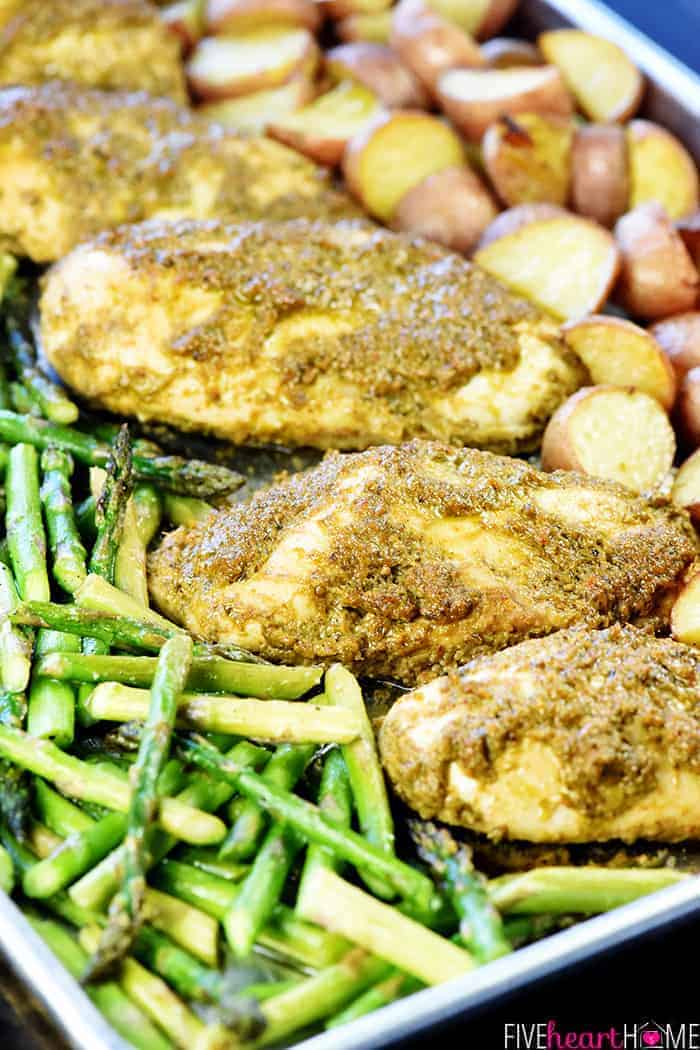 Close-up of Sheet Pan Chicken and Veggies on pan.
