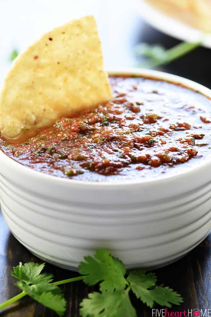 Salsa Canned Tomatoes Recipe with tortilla chip.