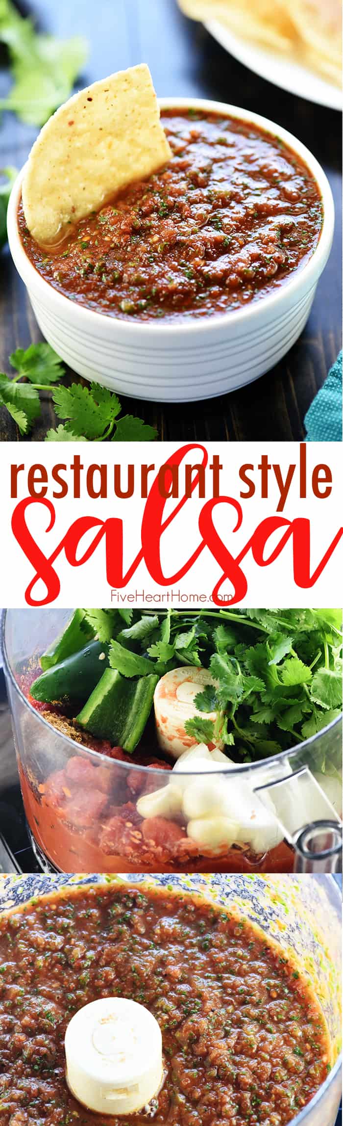 Easy Restaurant Style Salsa ~ this fresh, homemade recipe takes just a few minutes to throw together in the blender or food processor and rivals the best of restaurant style salsas! | FiveHeartHome.com via @fivehearthome