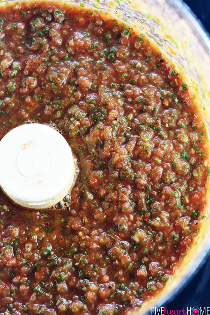 Aerial view of Canned Tomato Salsa Recipe in food processor.