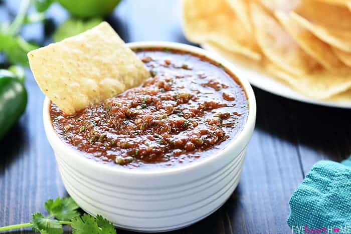 Canned Tomato Salsa in bowl with chips.