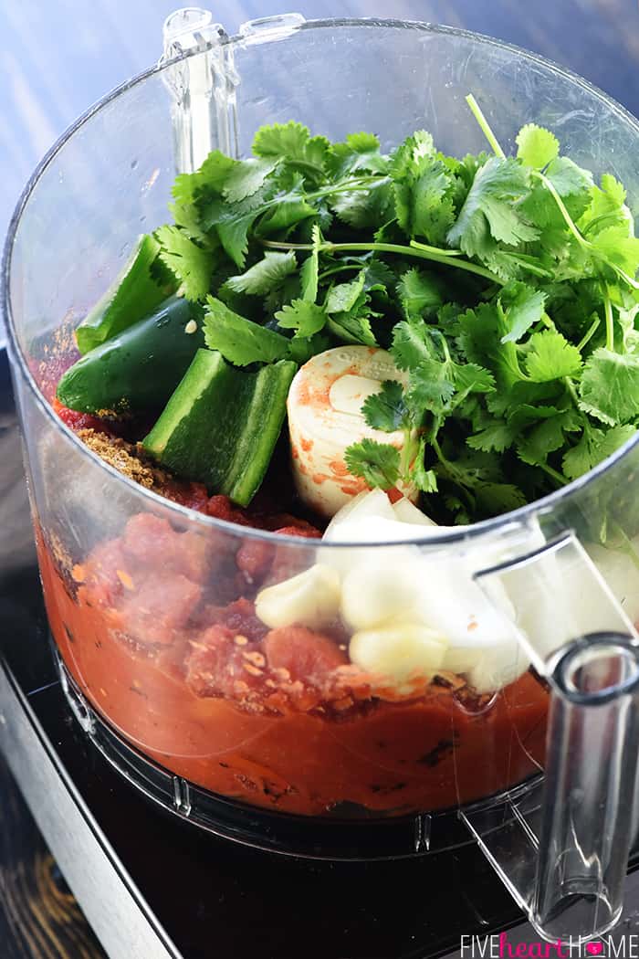 Ingredients to make Canned Tomato Salsa Recipe in food processor.