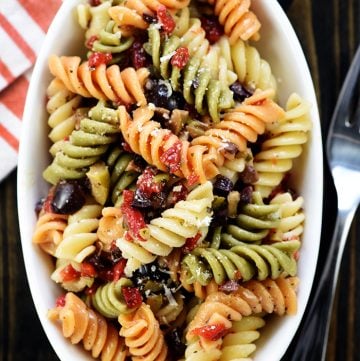 Aerial view of Easy Pasta Salad in oval bowl.
