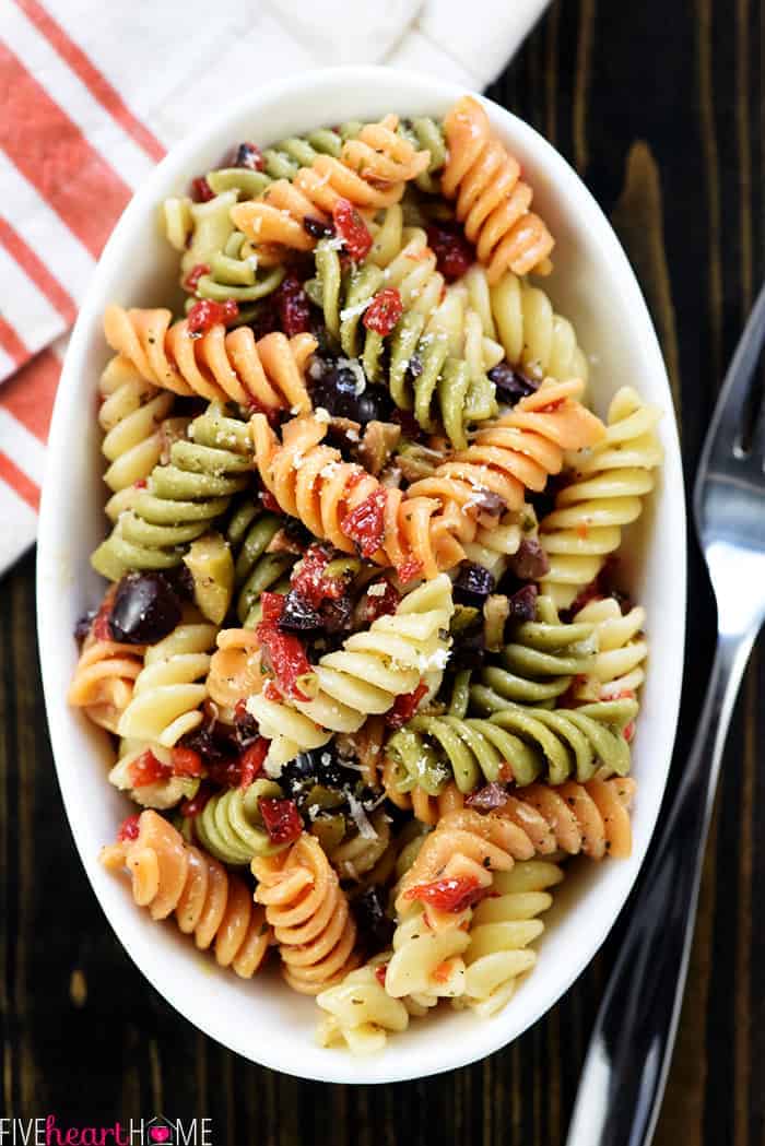 Aerial view of Easy Pasta Salad in oval bowl.