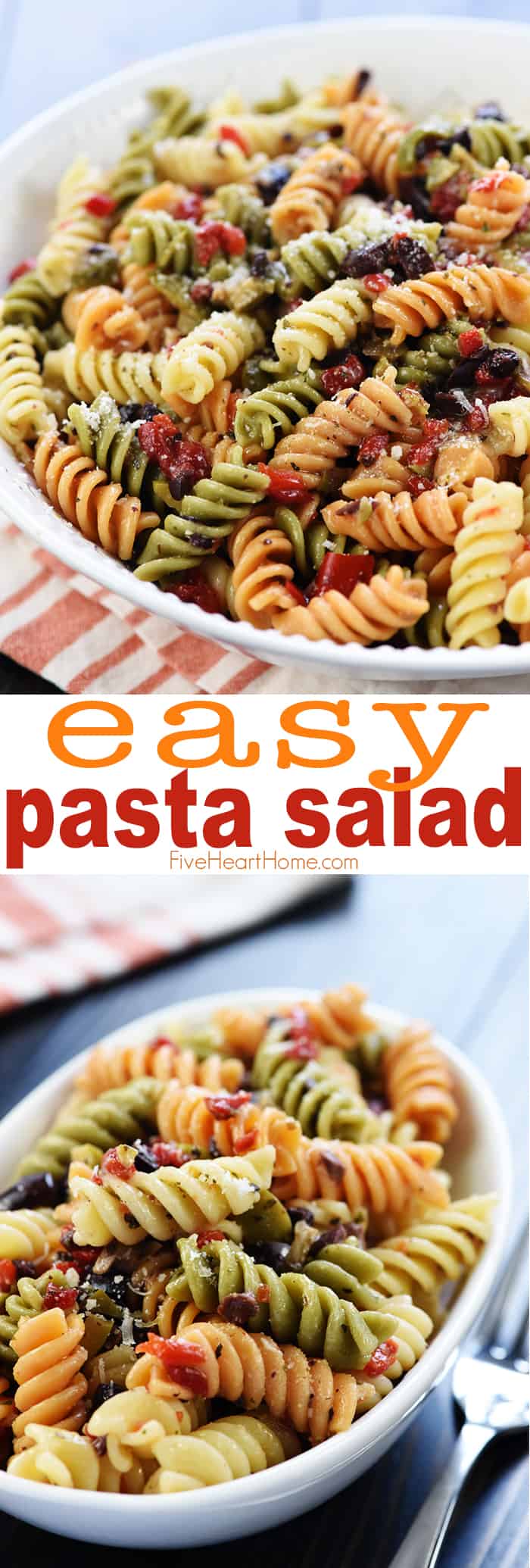 Easy Pasta Salad ~ tri-color garden rotini is studded with diced olives and pimentos, tossed with a zesty homemade Italian dressing, and showered with Parmesan for a versatile summer side dish recipe! | FiveHeartHome.com via @fivehearthome