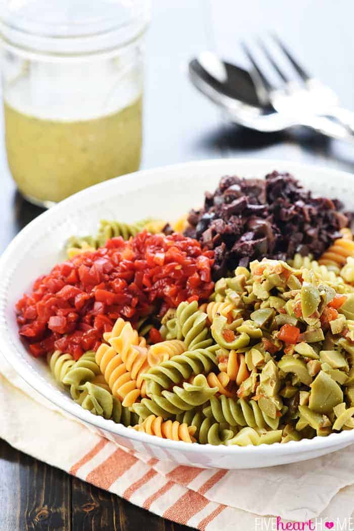 Ingredients in a big bowl, ready to be combined.