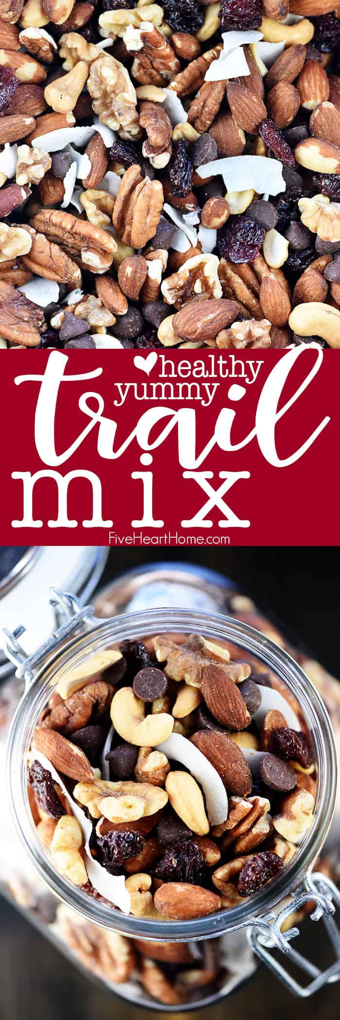 Homemade Trail Mix ~ this healthy trail mix recipe is easy to make and customize, and loaded with healthy fats from wholesome nuts, dried fruit, and your favorite add-ins. Portion it into small baggies for individual healthy trail mix snack packs! | FiveHeartHome.com via @fivehearthome
