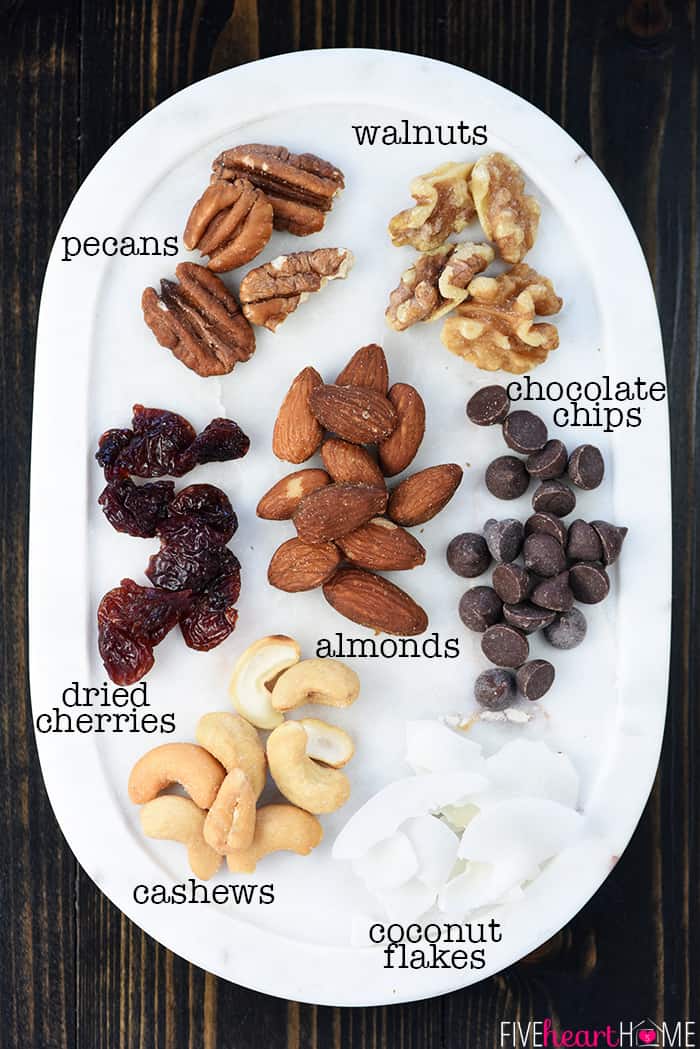 Aerial view of ingredients labeled on platter.